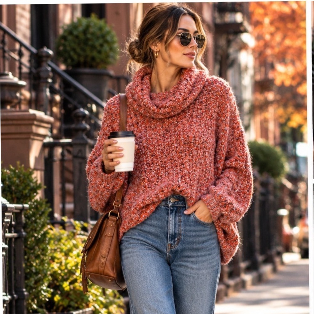 Free People Red Marled Boucle Cowl Neck Oversized Cropped Sweater Medium